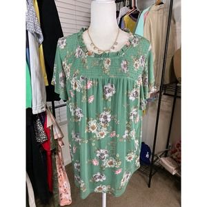 Poppi size 2x women green sage floral short sleeve top 0714